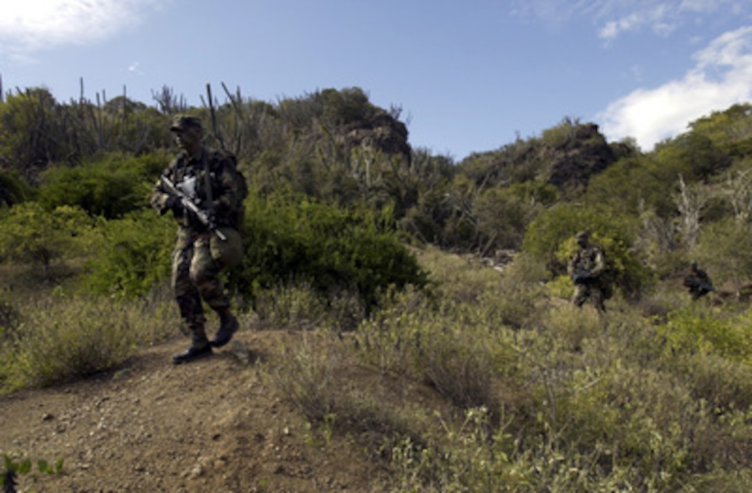 Soldiers from the Army's 166th Infantry, 2nd Battalion, Charlie Company conduct a dismounted patrol in Guantanamo Bay, Cuba. At Joint Task Force Gantanamo, the infantry provides security to the detainee compound. 