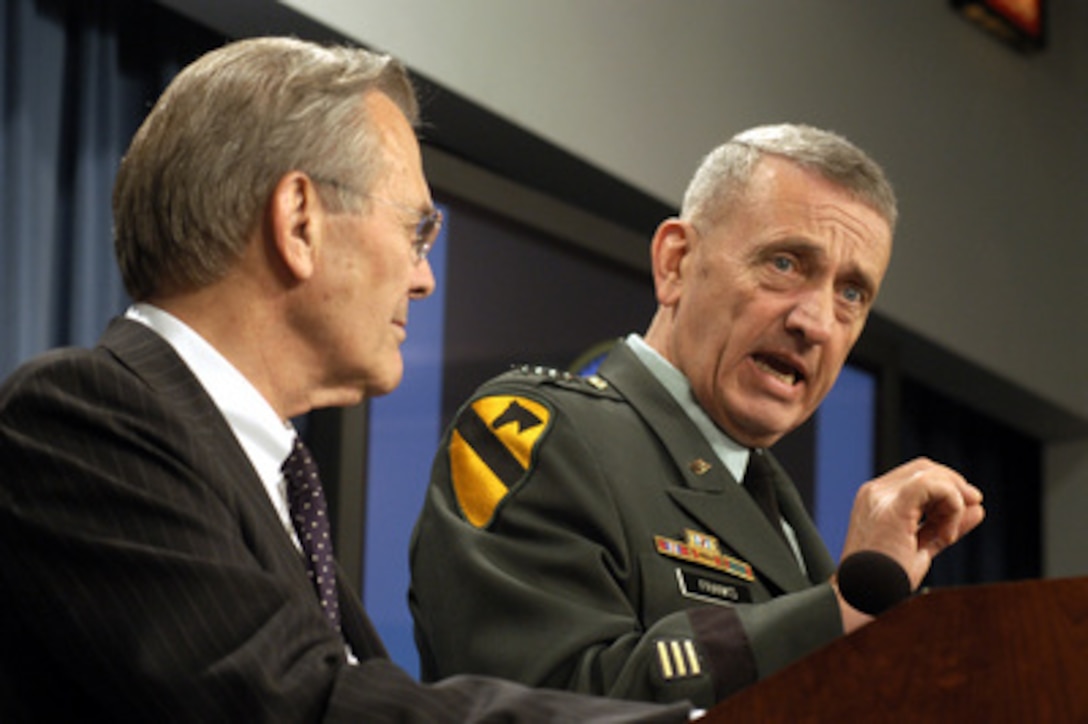 Commander of Central Command Gen. Tommy Franks, U.S. Army, answers a reporter's question about the progress coalition forces are making in Iraq during a Pentagon press briefing with Secretary of Defense Donald H. Rumsfeld on May 9, 2003. 