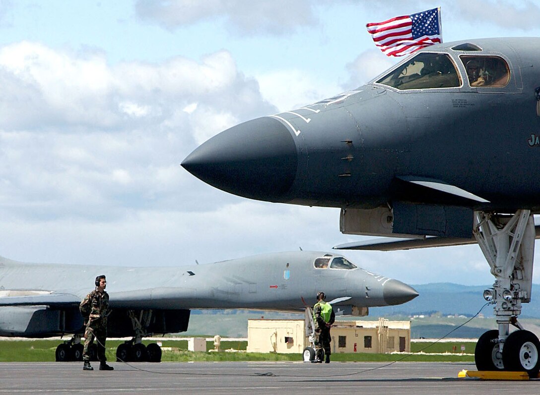 OPERATION IRAQI FREEDOM -- A B-1B Lancer from the 37th Bomb Squadron taxis in to Ellsworth Air Force Base, S.D., May 13, 2003.  The bomber is returning from a deployment in support of Operation Iraqi Freedom.  (U.S. Air Force photo by Airman 1st Class Michael B. Keller)