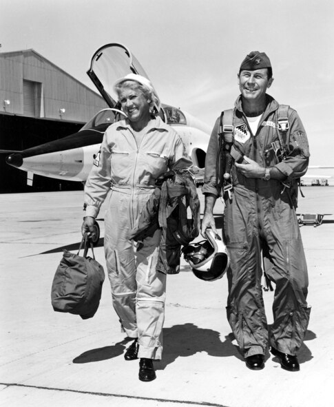 EDWARDS AIR FORCE BASE, Calif. -- Jackie Cochran and Col. Chuck Yeager walk away from an aircraft after a flight in 1962.  Their friendship lasted until her death in 1980.  (Courtesy photo)