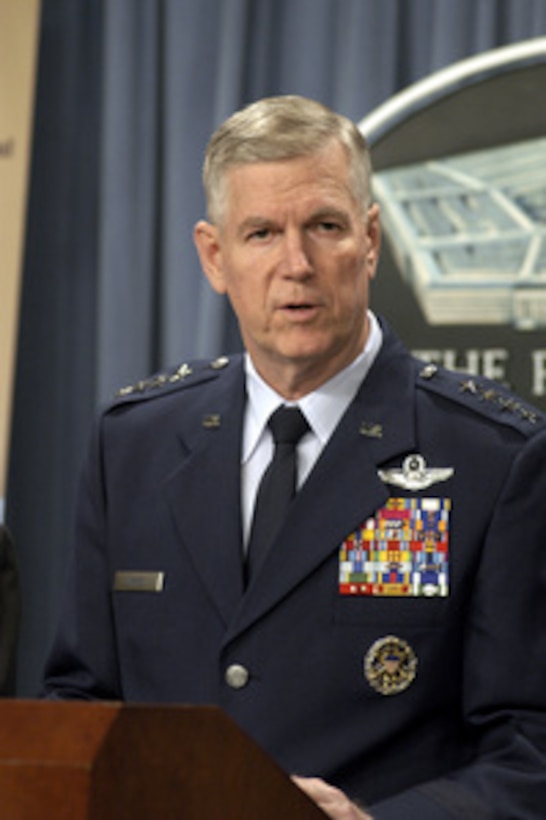 Chairman of the Joint Chiefs of Staff Gen. Richard B. Myers, U.S. Air Force, responds to a reporter's question during a Pentagon press briefing on May 15, 2003. Myers and Secretary of Defense Donald H. Rumsfeld briefed reporters on the contributions of the coalition members to the efforts in Iraq. 