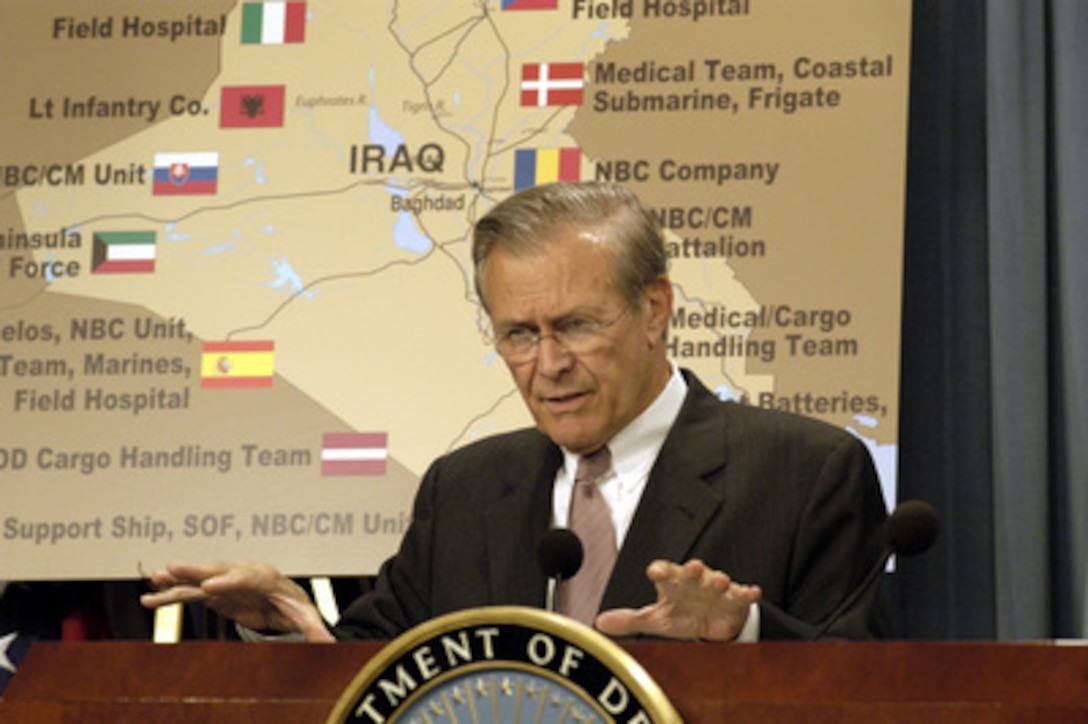 Secretary of Defense Donald H. Rumsfeld responds to a reporter's question during a Pentagon press briefing on May 15, 2003. Rumsfeld and Chairman of the Joint Chiefs of Staff Gen. Richard B. Myers, U.S. Air Force, briefed reporters on the contributions of the coalition members to the efforts in Iraq. 