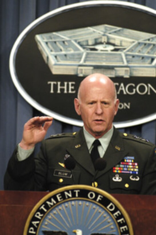 Chief of the National Guard Bureau Lt. Gen. H. Steven Blum briefs reporters in the Pentagon on May 16, 2003, about the transforming roles of the National Guard. 