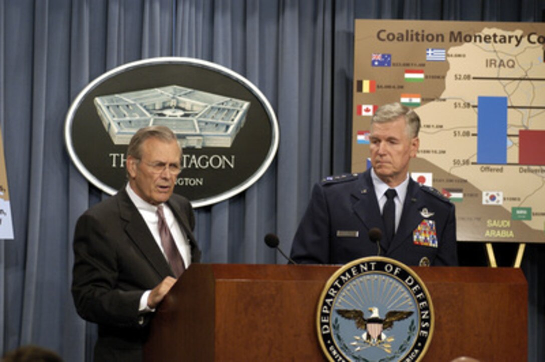 Secretary of Defense Donald H. Rumsfeld responds to a reporter's question during a Pentagon press briefing on May 15, 2003. Rumsfeld and Chairman of the Joint Chiefs of Staff Gen. Richard B. Myers, U.S. Air Force, briefed reporters on the contributions of the coalition members to the efforts in Iraq. 