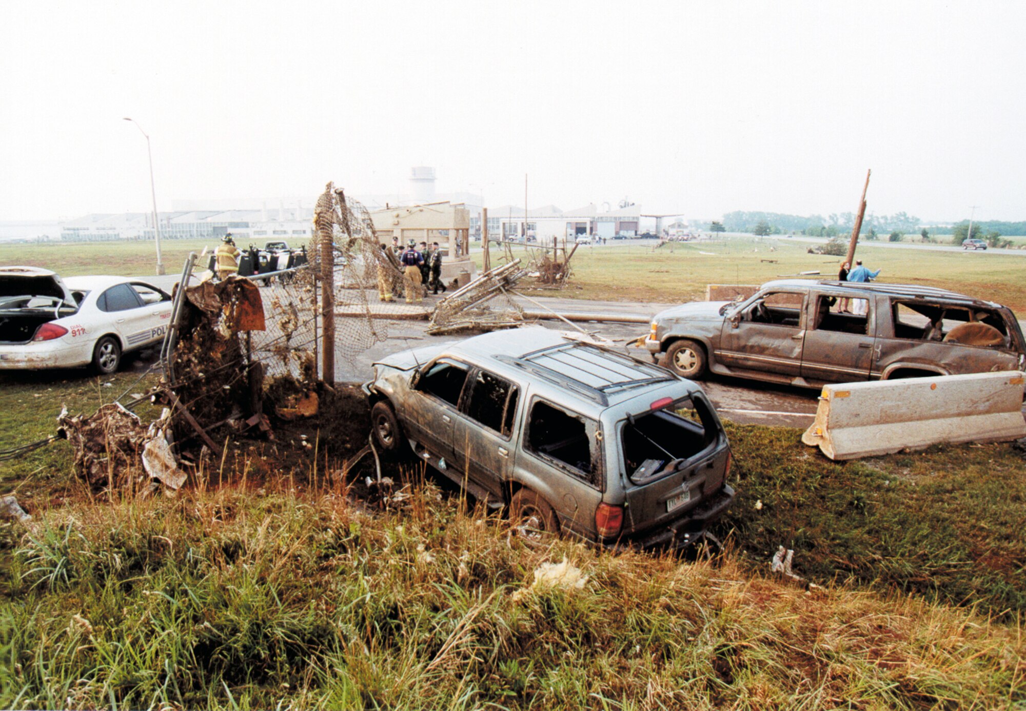 TINKER AIR FORCE BASE, Okla. (AFPN) -- Vehicles rolled like marbles during a tornado here May 8.  While no injuries or aircraft damage occurred, base officials expect damage to fencing and equipment to cost millions of dollars.  (U.S. Air Force photo by Margo Wright)