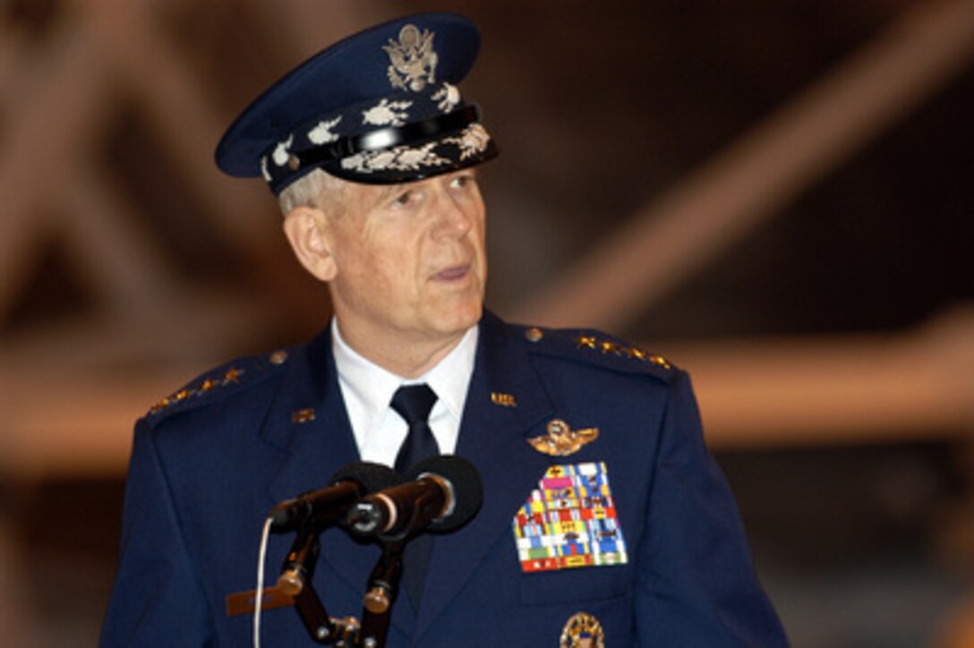 Chairman of the Joint Chiefs of Staff Gen. Richard B. Myers, U.S. Air Force, addresses the audience during opening ceremonies of the Joint Armed Forces Open House and Air Show at Andrews Air Force Base, Md., on May 16, 2003. The open house affords the public the opportunity to meet some of the men and women serving in our military forces and examine the latest military aircraft, combat vehicles and weapons systems. 