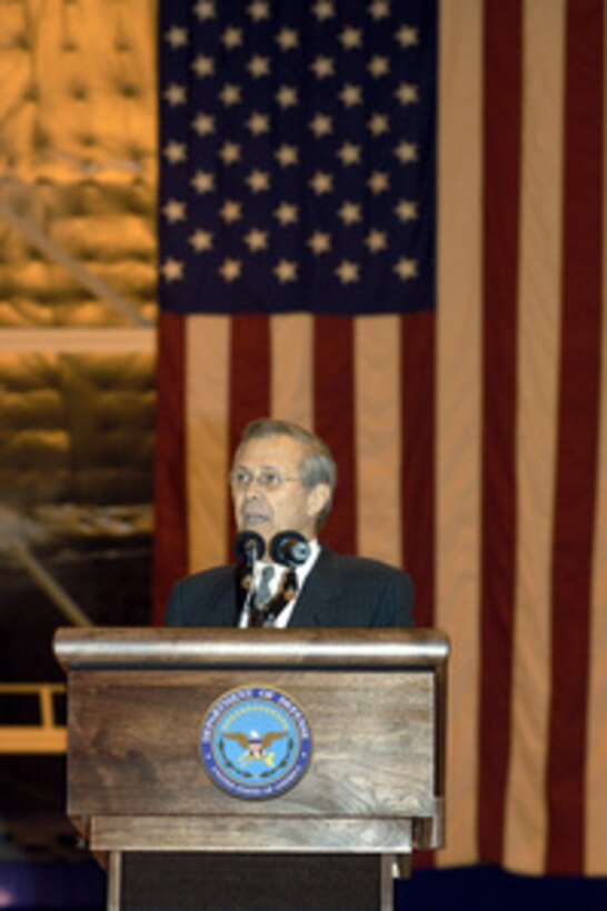 Secretary of Defense Donald H. Rumsfeld addresses the audience during opening ceremonies of the Joint Armed Forces Open House and Air Show at Andrews Air Force Base, Md., on May 16, 2003. The open house affords the public the opportunity to meet some of the men and women serving in our military forces and examine the latest military aircraft, combat vehicles and weapons systems. 