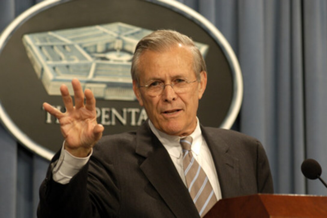 Secretary of Defense Donald H. Rumsfeld explains to reporters why he established the position of an under secretary of defense for intelligence in addition to all the other intelligence capabilities available to the Department of Defense during the May 20, 2003, briefing at the Pentagon. 