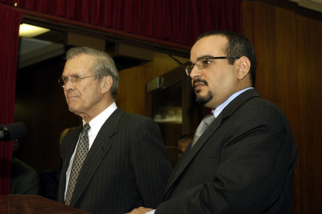 Secretary of Defense Donald H. Rumsfeld and Bahrain's Crown Prince Salman bin Hamad Al-Khalifa conduct a joint press availability in the Pentagon on May 21, 2003. The two defense leaders met earlier to discuss regional security issues of mutual interest. 