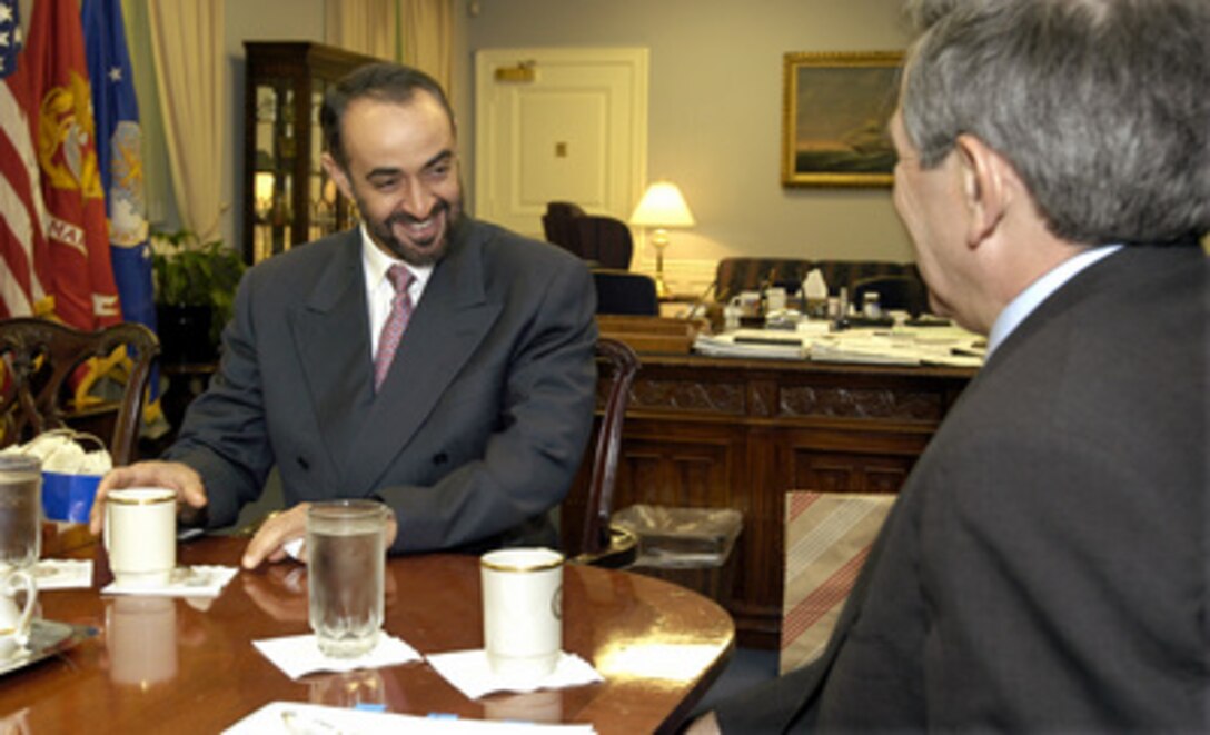 Lt. Gen. Muhammed bin Zayed al Nayhan (left), chief of staff of the armed forces of the United Arab Emirates, meets with Deputy Secretary of Defense Paul Wolfowitz (right) in the Pentagon on May 21, 2003. The two defense leaders are meeting to discuss a range of bilateral and regional security issues. 