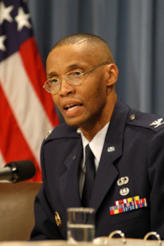 Air Force Col. Will A. Gunn, recently named by the Office of the General Counsel of the Department of Defense as the acting chief defense counsel for military commissions, holds a press conference at the Pentagon on May 22, 2003, to discuss his role in the military commissions process. In November 2001, President George W. Bush decided that enemy combatants taken into custody by the armed forces of the United States and charged as terrorists may be tried by military commissions. The President has not designated that anyone stand trial by military commission, but it is deemed prudent to establish the framework for such a body should the need arise. Col. Gunn commented that he thought it was particularly important that he and his staff be prepared to mount a vigorous defense of their clients, as the trials were sure to come under close scrutiny. 