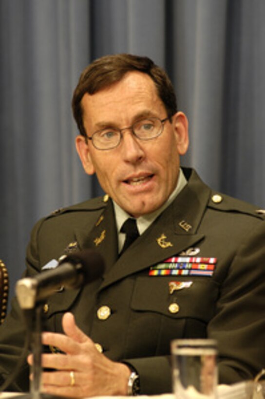 Army Col. Frederic Borch, today named by the Office of the General Counsel of the Department of Defense as the acting chief prosecutor for military commissions, holds a press conference at the Pentagon on May 22, 2003, to discuss his role in the military commissions process. In November 2001, President George W. Bush decided that enemy combatants taken into custody by the armed forces of the United States and charged as terrorists may be tried by military commissions. The President has not designated anyone stand trial by military commission, but it is deemed prudent to establish the framework for such a body should the need arise. 