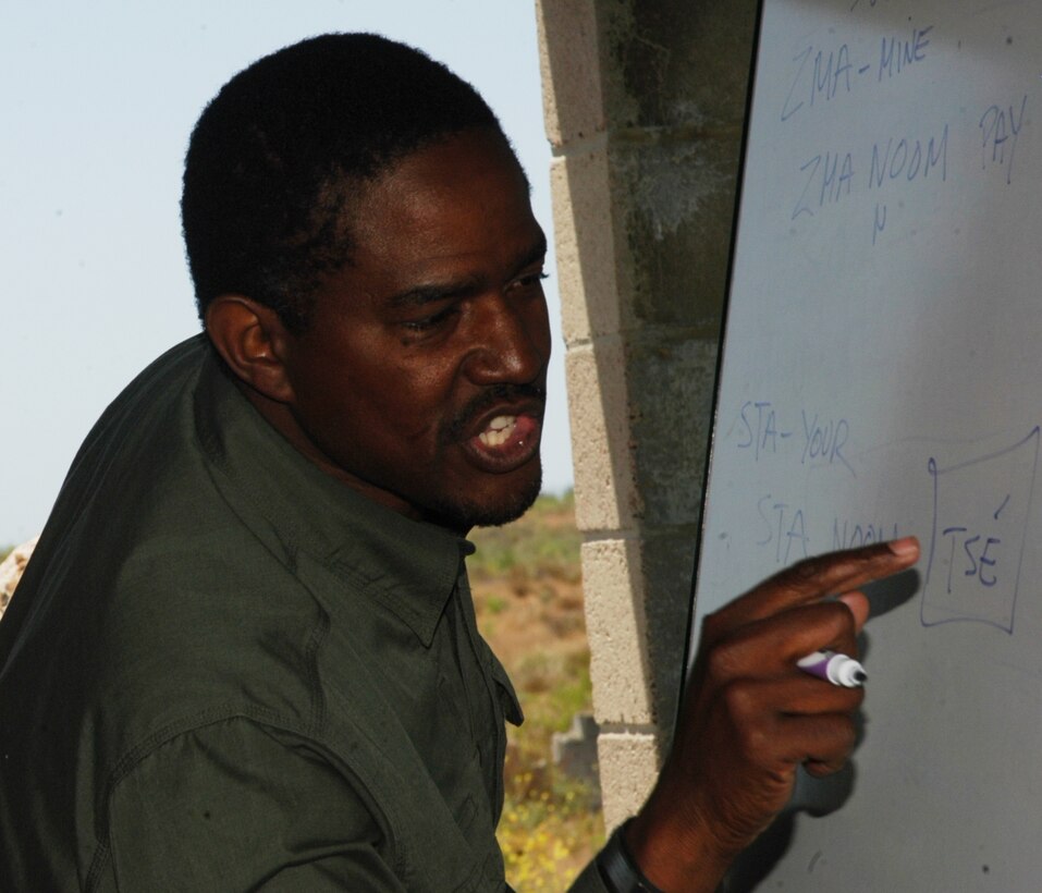 Kelvin Garvanne, a government contracted instructor with Veteran Government services, speaks to Marines from 1st Platoon, Company L, 3rd Battalion, 25th Marine Regiment about the Afghan culture May 24, 2010 at the 25 Area Combat Town, Camp Pendleton, Ca. The Marines learned about the Afghan way of life and languages in preparation for their upcoming deployment to Afghanistan later this year.