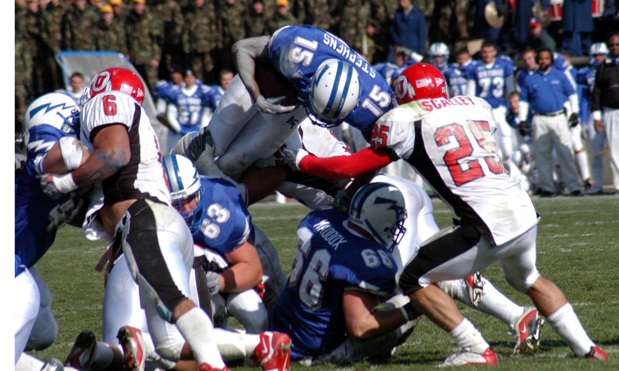 U.S. AIR FORCE ACADEMY, Colo. -- Five seconds into the fourth quarter, Darnell Stephens dives over the top for a 3-yard touchdown to start the come-from-behind march by the U.S. Air Force Academy against the University of Utah on Nov. 1.  The game went into triple overtime where the Utah Utes came out on top 45-43.  (U.S. Air Force photo by Airman 1st Class Mike Meares)