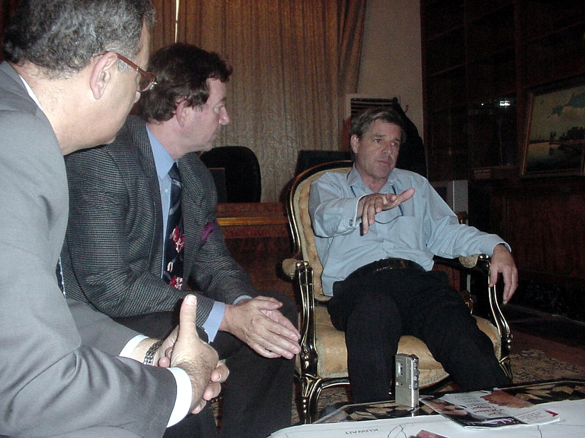 BAGHDAD, Iraq -- Reporters from Arab media headquartered in London, interview Ambassador Paul Bremer (right) during a recent visit here.  Sponsored by the U.S. government, this was the first media trip to Iraq for the reporters.  (U.S. Air Force photo by Staff Sgt. Scott T. Sturkol)