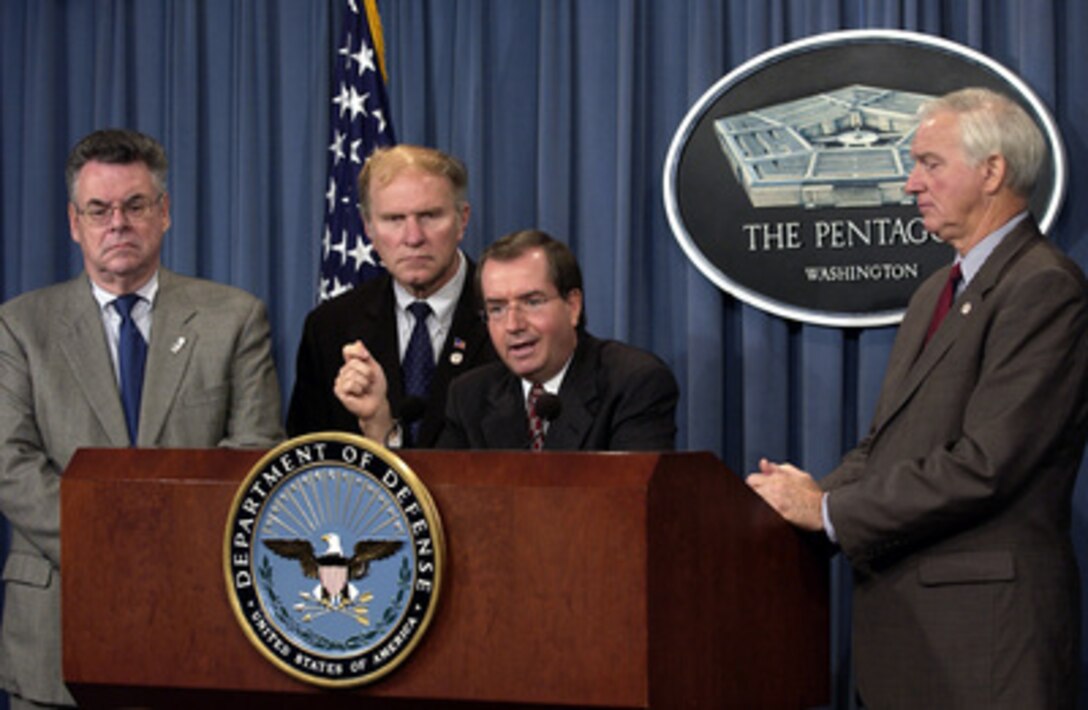 Rep. Peter King (R-NY), Rep. Steve Chabot (R-OH), Rep. Ed Royce (R-CA), and Rep. Max Burns (R-GA) brief reporters on their recent trip to Iraq during a Pentagon press briefing on Nov. 04, 2003. 