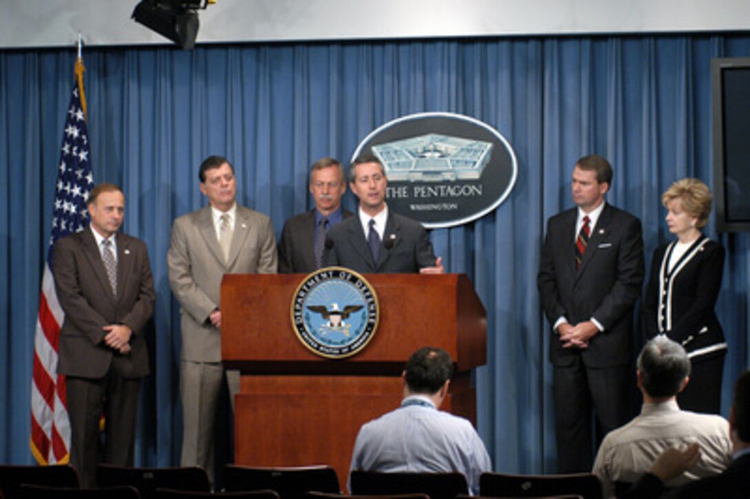 Six members of the U.S. House of Representatives hold a press briefing at the Pentagon on Nov. 6, 2003, after touring Iraq. The members discussed their impressions of the U.S. effort to establish order and stability and rebuild the neglected infrastructure of the country. Participating in the event are (left to right): Representatives Steve King (R-IA), Tom Cole (R-OK), Vic Snyder (D-AR), Max Thornberry (R-TX), J. Gresham Barret (R-SC), and Madeleine Bordallo (D-Guam). 