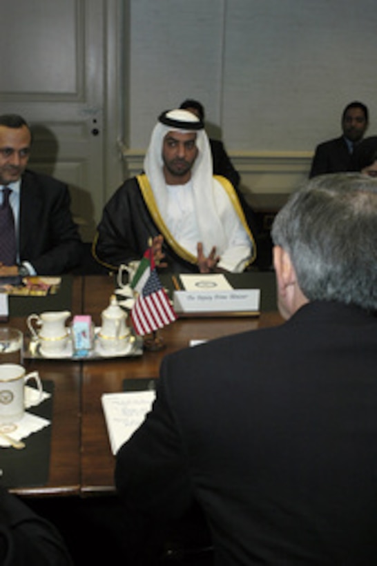 Deputy Prime Minister and Minister of State for Foreign Affairs Sheikh Hamdan bin Zayed, of the United Arab Emirates, meets with Deputy Secretary of Defense Paul Wolfowitz in the Pentagon on Oct. 30, 2003. Accompanying the Deputy Prime Minister is Ambassador of the United Arab Emirates Al Asri Al Dahri. 