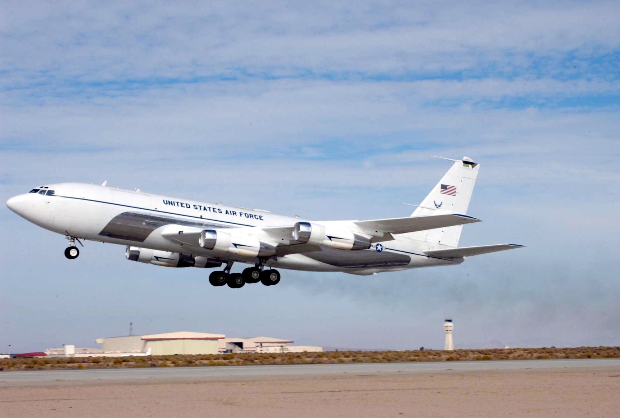 EDWARDS AIR FORCE BASE, Calif. -- A C-135C Speckled Trout takes off from here during a test mission of the local-area-network system recently installed.  A six-month test was launched to see if this commercial off-the-shelf system can provide high-speed Internet, e-mail voice-over Internet protocol and video teleconferencing capabilities.  (U.S. Air Force photo by George Villarino)
