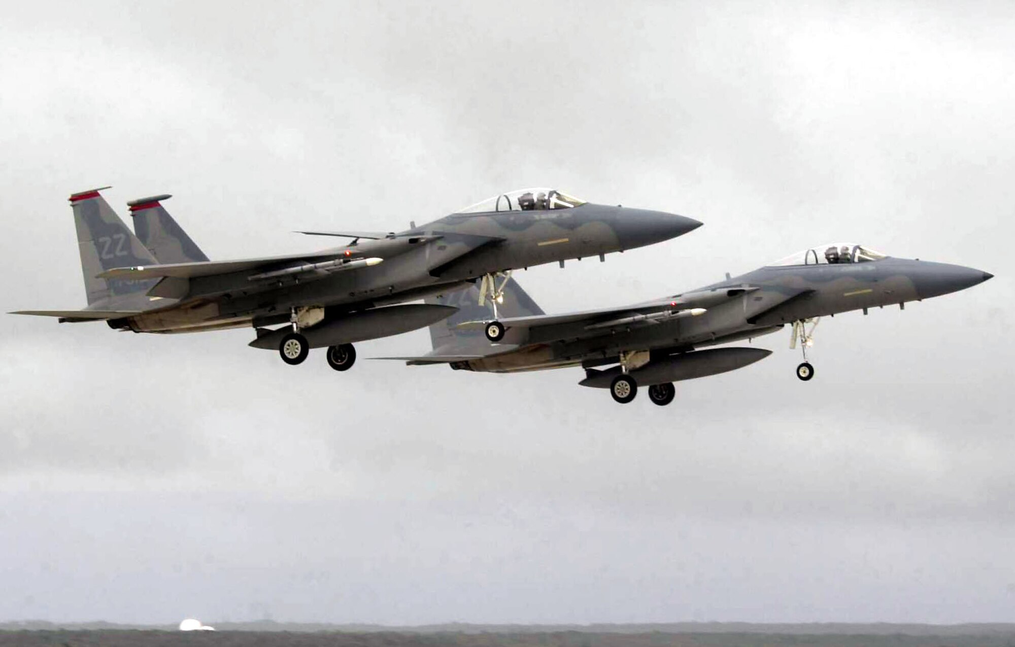 ANDERSEN AIR FORCE BASE, Guam -- A pair of F-15 Eagles from the 67th Fighter Squadron at Kadena Air Base, Japan, return here after an exercise Cope North mission.  (U.S. Air Force photo by Master Sgt. Val Gempis)