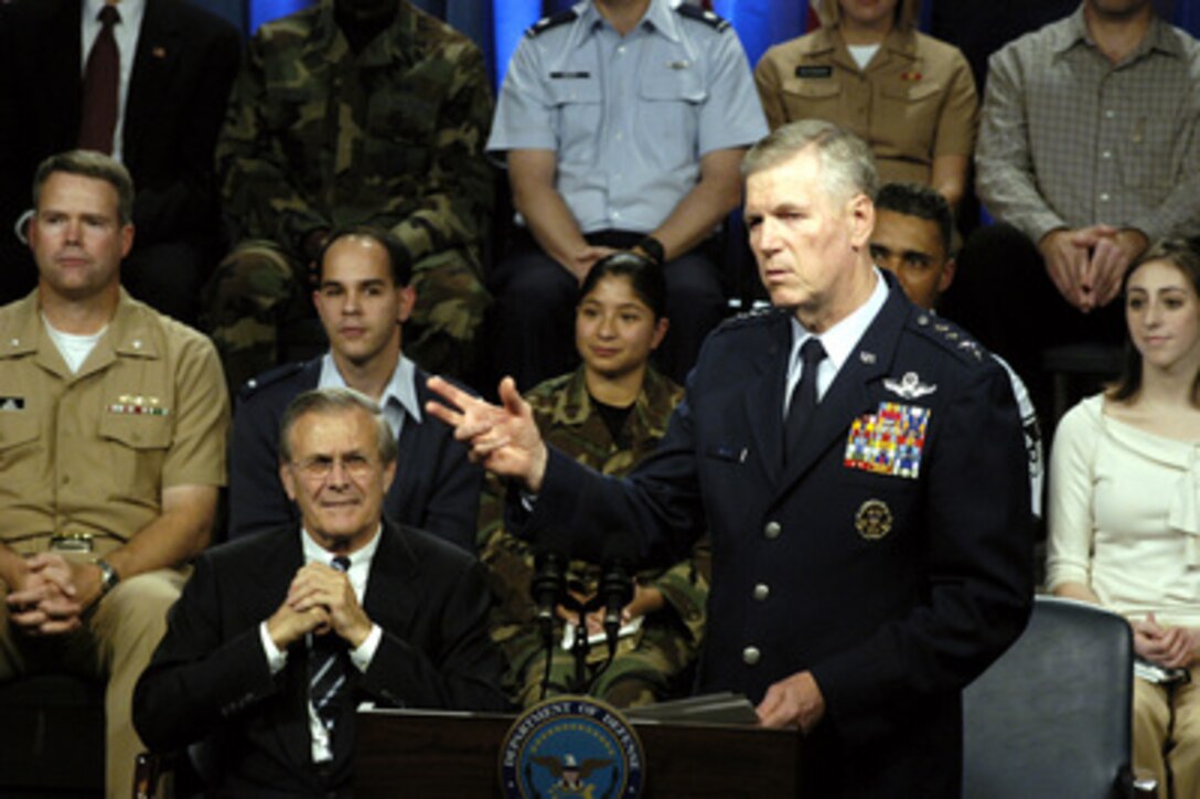 Chairman of the Joint Chiefs of Staff Gen. Richard B. Myers, USAF, responds to a question from the audience during a Pentagon town hall meeting on Nov. 21, 2003. Myers and Secretary of Defense Donald H. Rumsfeld received a myriad of questions from military and Department of Defense civilians. 