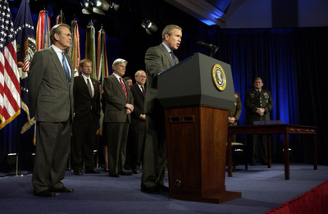 President George W. Bush addresses the audience prior to signing the National Defense Authorization Act at the Pentagon on Nov. 24, 2003. The Act provides $401.3 billion for the Department of Defense, which will allow for continued support of the missions of the U.S. Military and its men and women serving around the globe. 