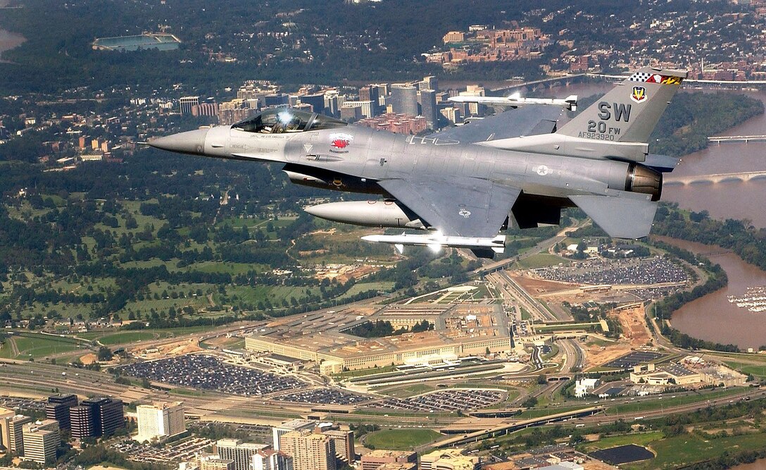 WASHINGTON -- An F-16 Fighting Falcon flies over the Pentagon as part of Operation Noble Eagle recently.  The aircraft is assigned to the 20th Fighter Wing at Shaw Air Force Base, S.C.  (U.S. Air Force photo by Staff Sgt. Aaron D. Allmon II)