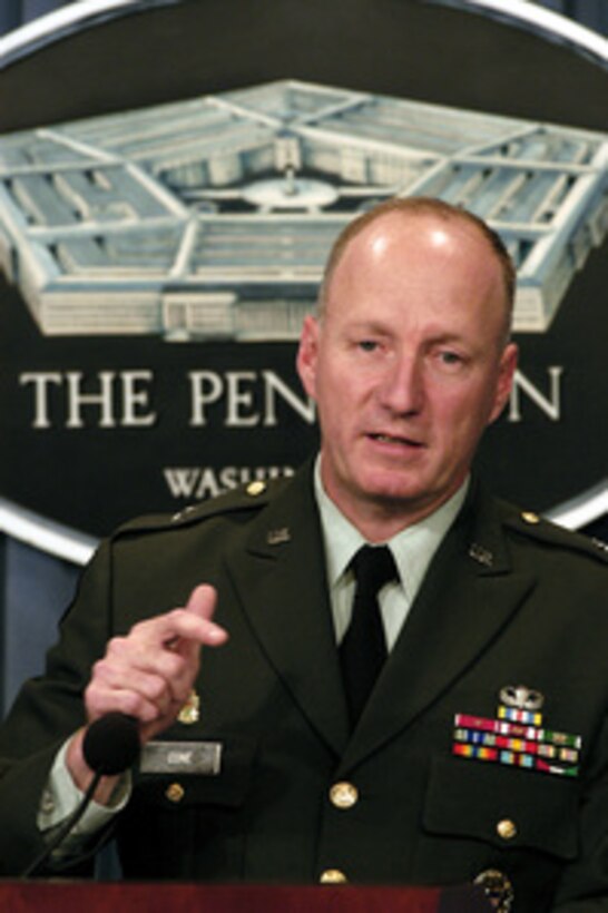 Brigadier General Robert W. Cone, U.S. Army, director, Joint Center for Lessons Learned, U.S. Joint Forces Command, briefs on the joint lessons learned from Operation Iraqi Freedom at the Pentagon on Oct. 2, 2003. 