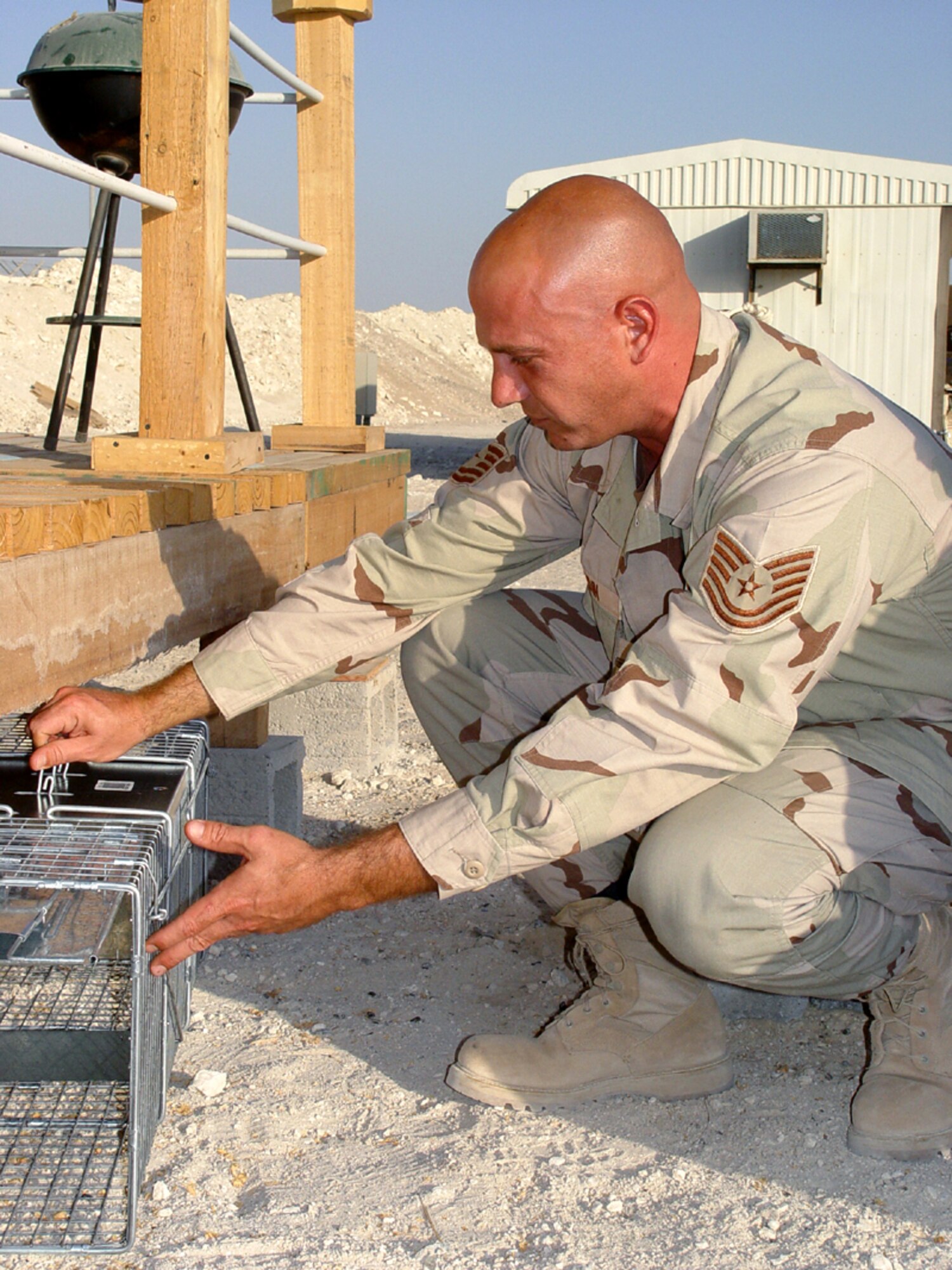 OPERATION ENDURING FREEDOM -- Tech. Sgt. Frank Flodin sets a trap to humanely and safely capture feral cats.  It is part of a program at this forward-operating location in Southwest Asia to prevent the spread of fleas and other parasites.  Flodin is a pest management technician deployed to the 380th Expeditionary Civil Engineer Squadron from Barksdale Air Force Base, La.  (U.S. Air Force photo by Senior Airman Rachel Bush)