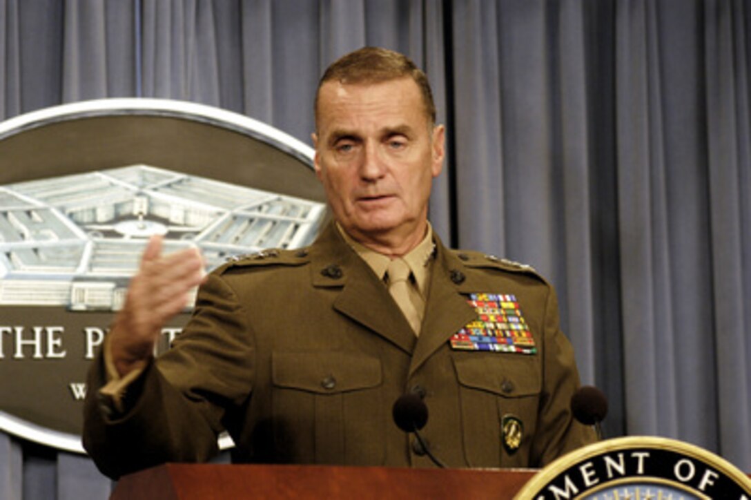 Gen. James L. Jones, U.S. Marine Corps, commander, U.S. European Command and supreme allied commander, Europe, holds a Pentagon press briefing on Oct. 10, 2003, to discuss NATO and European Command issues. 
