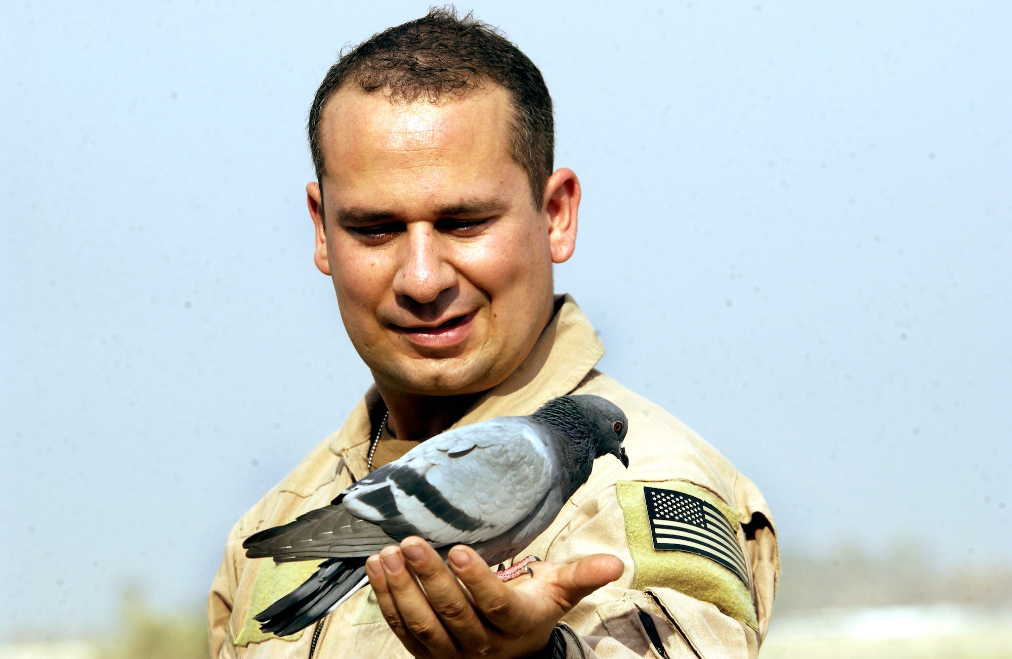 BAGHDAD INTERNATIONAL AIRPORT, Iraq -- Staff Sgt. Steve Sirois, an HH-60 Pave Hawk flight engineer, holds Bird, a pigeon his unit has been caring for since they deployed here.  Bird was rescued and nursed back to health by airmen of the 301st Expeditionary Rescue Squadron.  Sirois and other 101st ERQS airmen began caring for and feeding Bird when they replaced the 301st.  (U.S. Air Force photo by Master Sgt. Keith Reed)