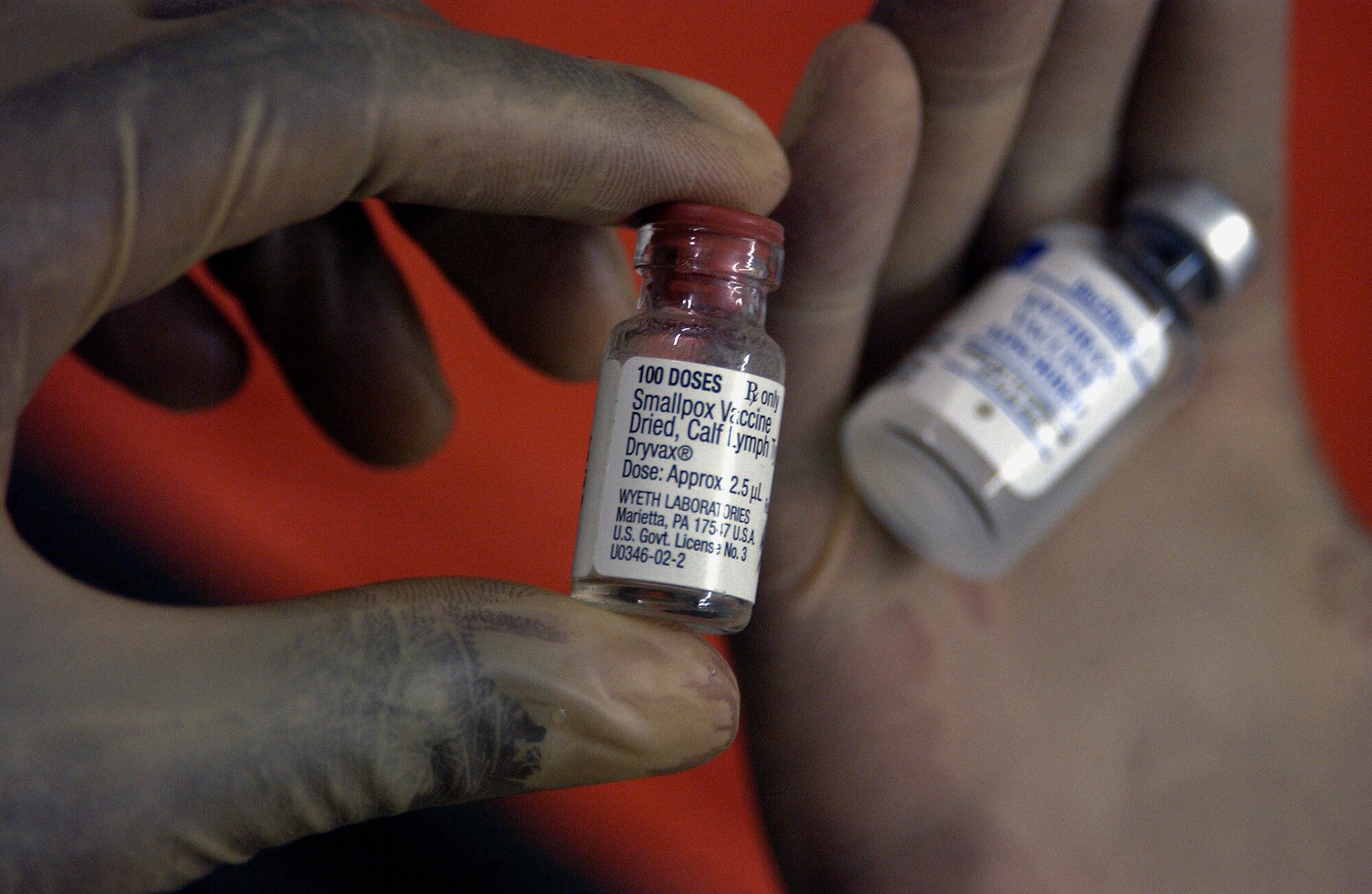 BAGHDAD INTERNATIONAL AIRPORT, Iraq -- Vials of smallpox and anthrax serum are used frequently by members of the 447th Expeditionary Medical Squadron here.  Medical technicians inoculate an average of 80 patients per week for smallpox and anthrax.  (U.S. Air Force photo by Master Sgt. Keith Reed)