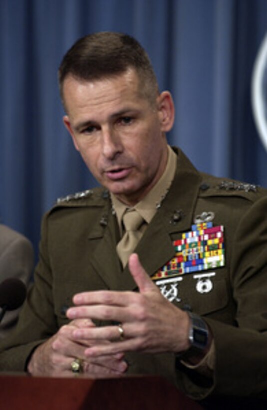 Vice Chairman of the Joint Chiefs of Staff Gen. Peter Pace, U.S. Marine Corps, briefs reporters on the R&R program for troops deployed to Iraq during a Pentagon press briefing on Oct. 21, 2003. Pace and Secretary of Defense Donald H. Rumsfeld briefed reporters on the progress of the coalition efforts in Iraq. 