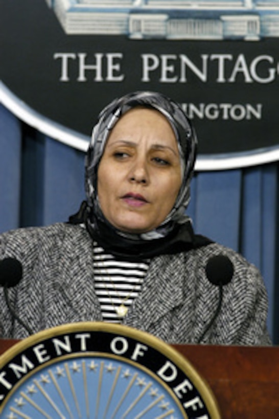 Iraq's Director of the Employment and Vocational Training Center Swanson Mahdi responds to a reporter's question during a Pentagon press briefing on Oct. 22, 2003. Mahdi, Director of Employment Fatin al-Saeda and Director Of Information Technology Evelyn Rasho are representatives of the Iraqi Ministry of Labor and Social Affairs and are in Washington to brief decision makers on their roles in the new Iraqi government. 