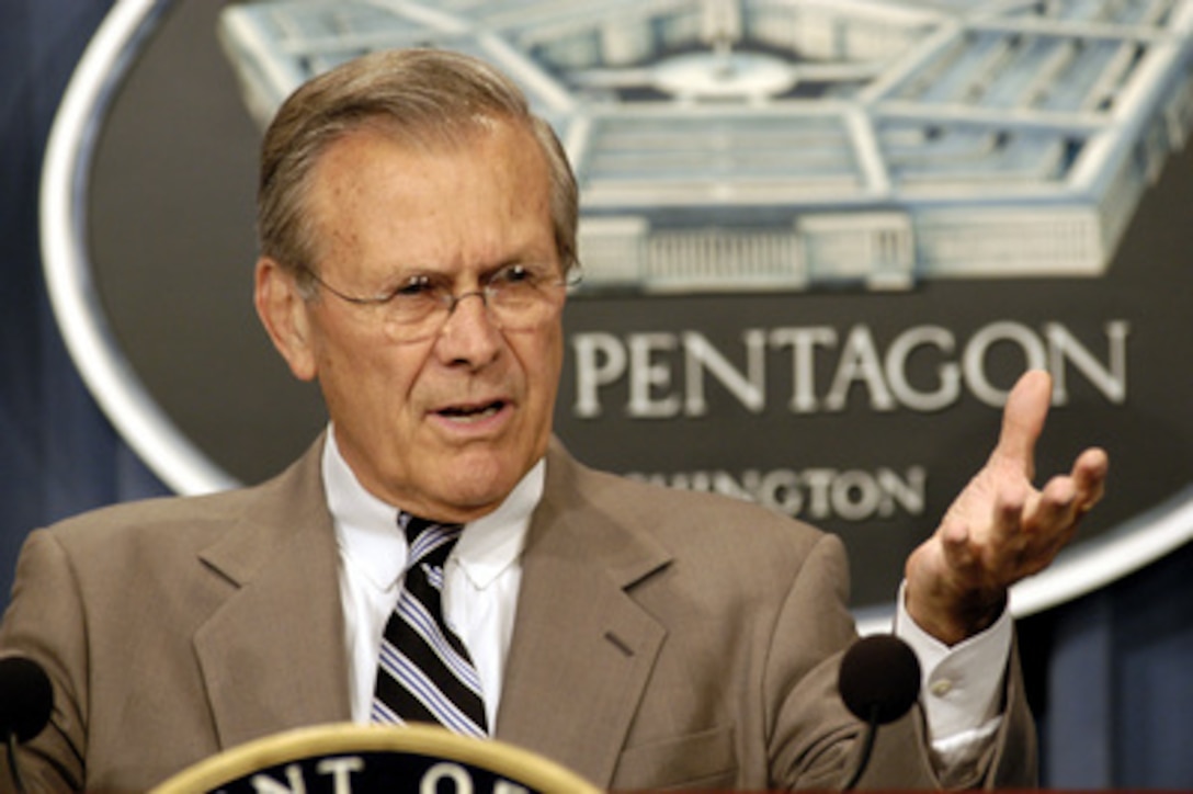 Secretary of Defense Donald H. Rumsfeld responds to a reporter's question about his memo concerning the Global War on Terrorism during a Pentagon press briefing on Oct. 23, 2003. Rumsfeld also spoke to reporters about the 20th anniversary of the bombing of the Marine Barracks in Beirut and the impact that event has had on force protection. 