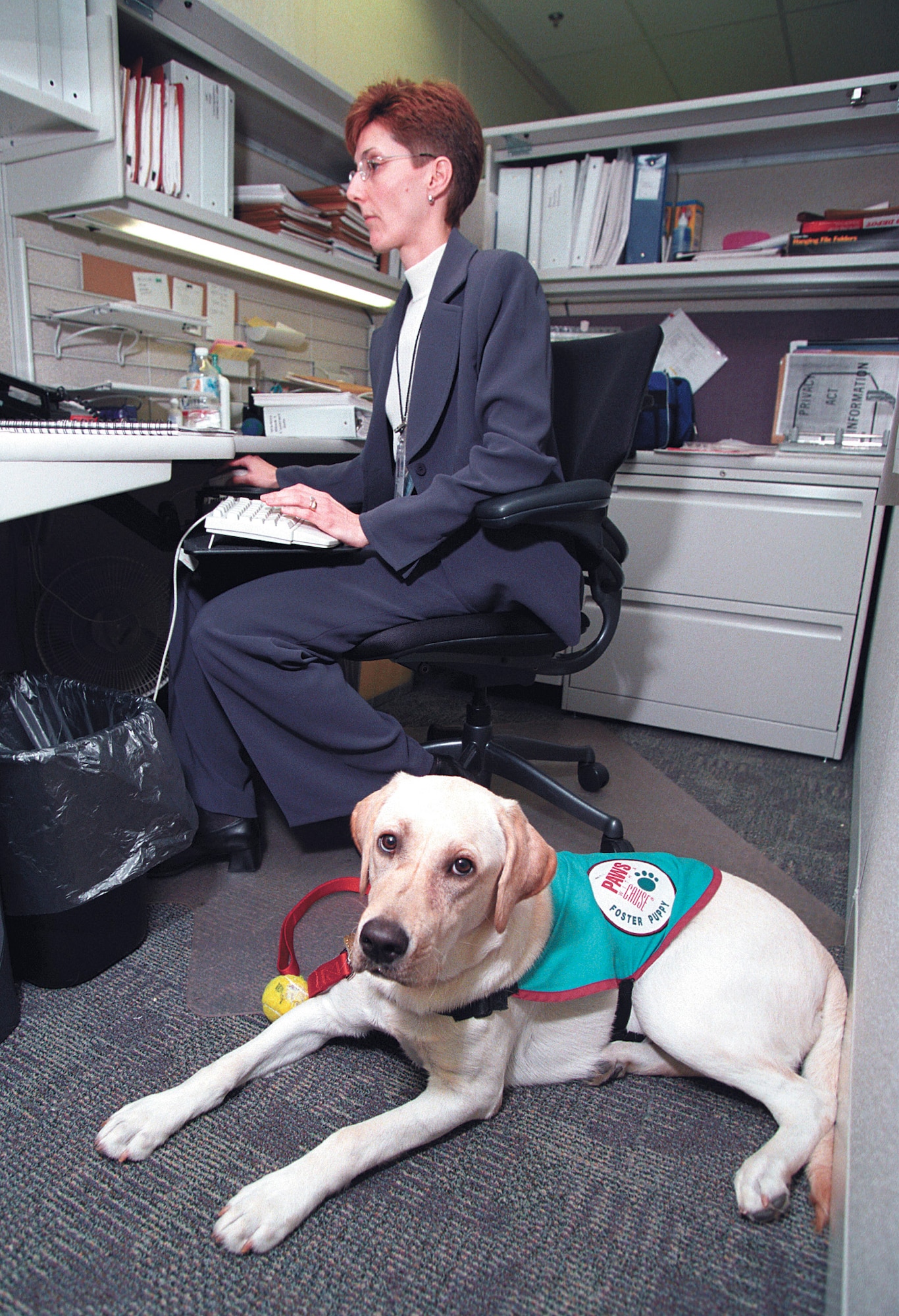 TINKER AIR FORCE BASE, Okla. -- Dottie learns the basics of a service dog's responsibilities at the feet of Stephanie Edquid.  Edquid and her husband, Ray, are volunteer puppy-raisers for Paws With A Cause, a service dog organization and Combined Federal Campaign agency.  Edquid is an E4-B program manager at the Oklahoma City Air Logistics Center here.  (U.S. Air Force photo by Dave Faytinger)