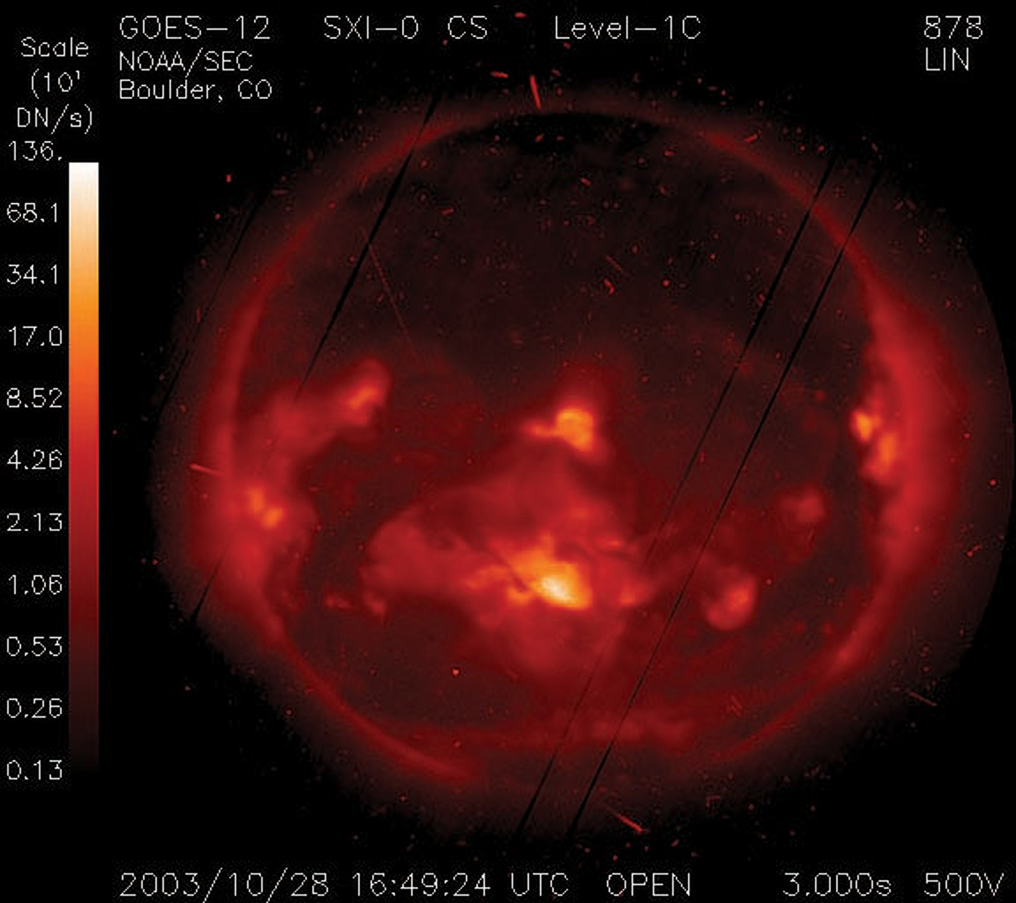 SATELLITE IMAGE -- A Solar X-ray Imager captured solar activity Oct. 28.  The images are used to monitor and forecast solar features that lead to geomagnetic storms.  (Courtesy image)