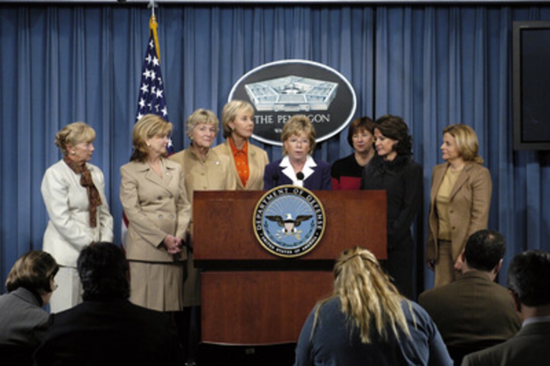 Eight Congresswomen discuss their findings from a recent trip to Iraq during a Pentagon briefing on Oct. 30, 2003. From left to right: Ileana Ros-Lehtinen (R-FL); Katherine Harris (R-FL); Darlene Hooley (D-OR); Deborah Pryce (R-OH); Jennifer Dunn (R-WA); Sue Kelley (R-NY); Marsha Blackburn (R-TN); and Carolyn McCarthy (D-NY). 