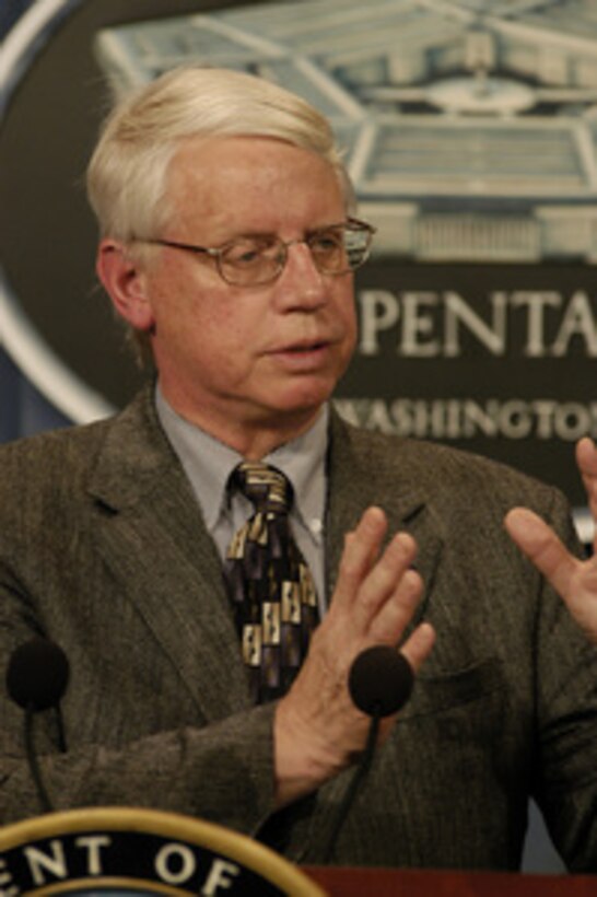 Coalition Provisional Authority Senior Advisor to the Iraqi Ministry of Health Jim Haveman conducts a Pentagon briefing on Sept. 4, 2003. Haveman updates the press on the rebuilding of the Iraqi healthcare system infrastructure. 