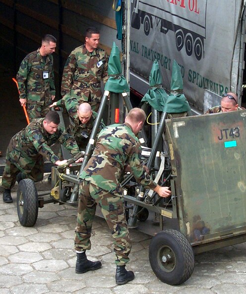 POZNAN AIR BASE, Poland -- Maintainers from the 52nd Fighter Wing at Spangdahlem Air Base, Germany, take jet tripod jacks off a transport truck Sept. 4.  U.S. Air Force aircrews and support troops are in Poland for NATO Air Meet 2003, a major tactical live-flying exercise.  (U.S. Air Force photo by Master Sgt. Sean E. Cobb)