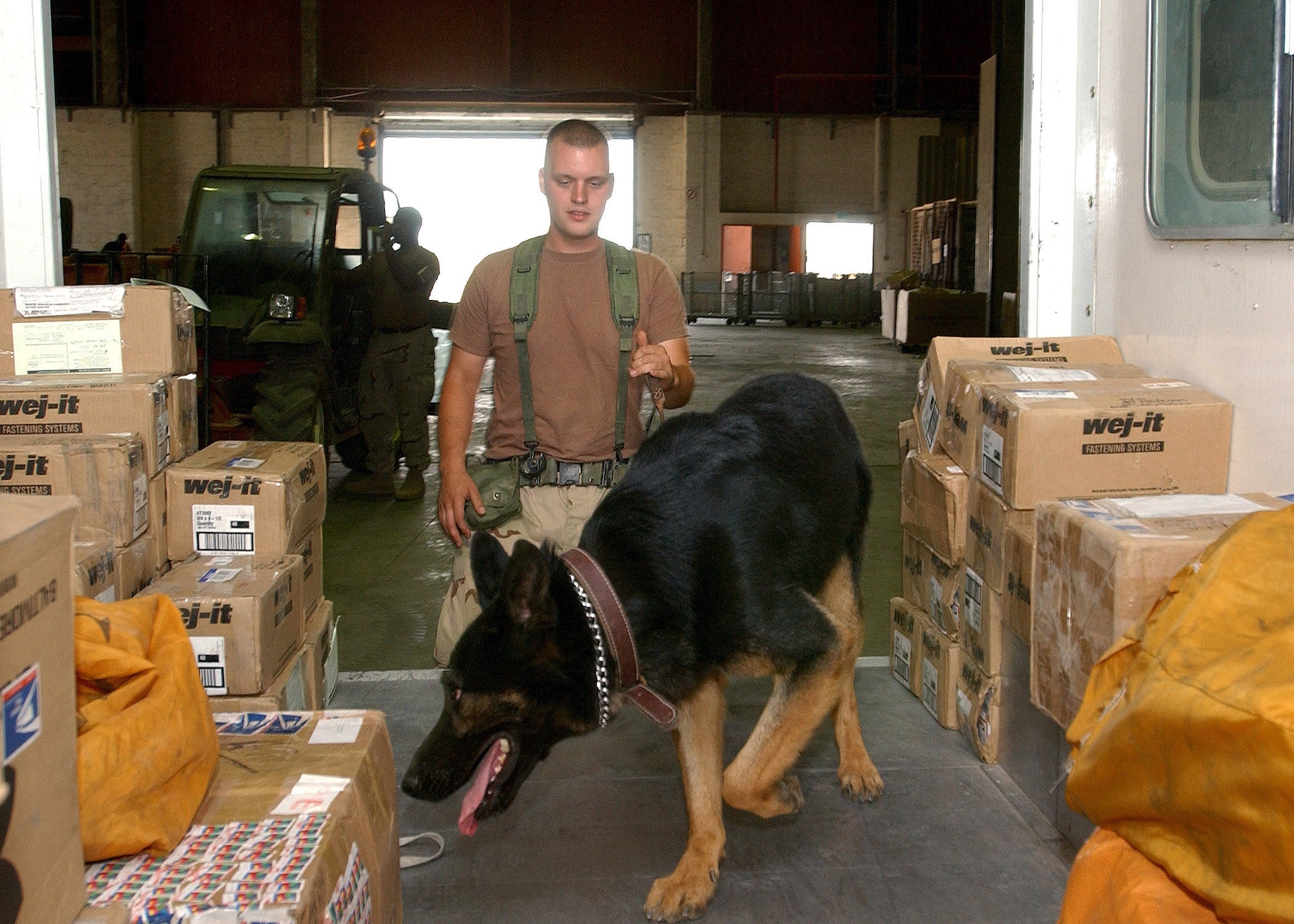 BAGHDAD, Iraq -- Staff Sgt. Dan Hartley, 447th Expeditionary Security Forces Squadron military working dog handler, and military working dog, Cody, check for explosives among boxes of mail received at Baghdad International Airport.  They are one of several military working dog teams here supporting Operation Iraqi Freedom.  Hartley and Cody are both deployed from the 66th Security Forces Squadron at Hanscom Air Force Base, Mass.  (U.S. Air Force photo by Airman 1st Class Brian Ferguson)