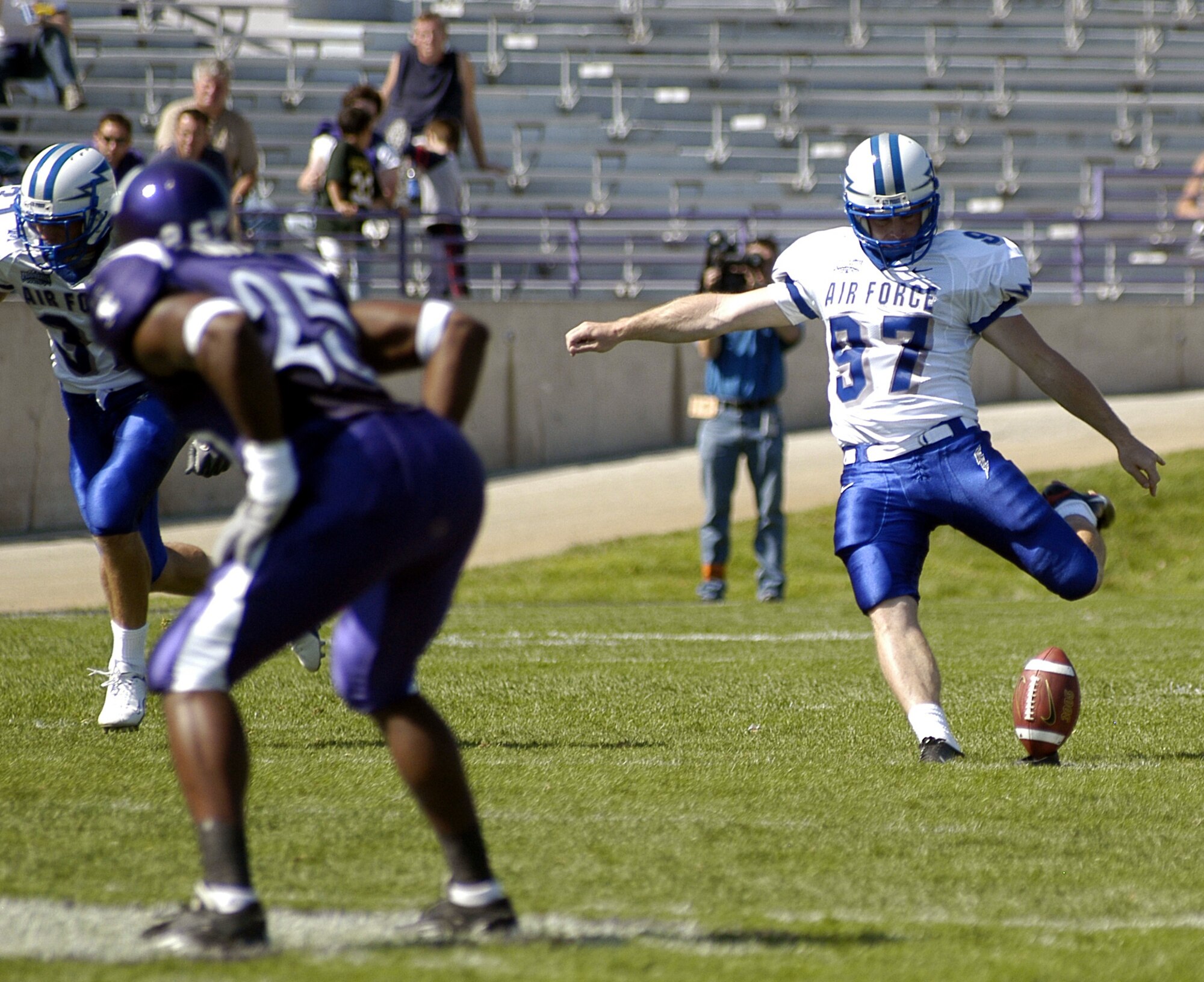 EVANSTON, Ill. -- Air Force Academy Falcon kicker Joey Ashcroft kicks off to the opposing Northwestern Wildcats.  Ashcroft kicked the game-winning 25-yard field goal with 2:01 left to play in the fourth quarter.  The Falcons won 22-21 and advance to 2-0.  (U.S. Air Force photo by 2nd Lt. Rob Arnett)