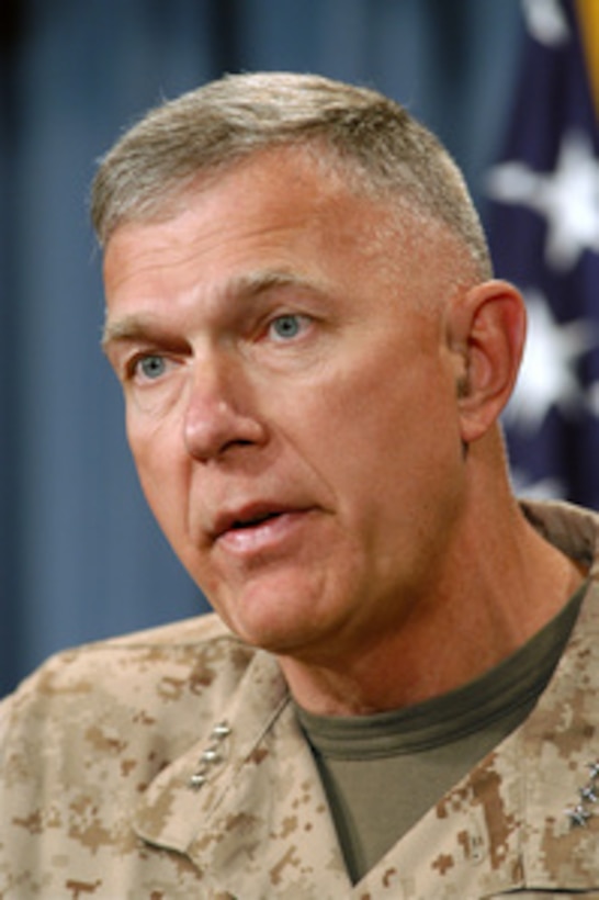 Commanding General First Marine Expeditionary Force Lt. Gen. James T. Conway briefs reporters at the Pentagon on Sept. 9, 2003, on his view of the present situation in Iraq and on the accomplishments of his unit during Operation Iraqi Freedom. 
