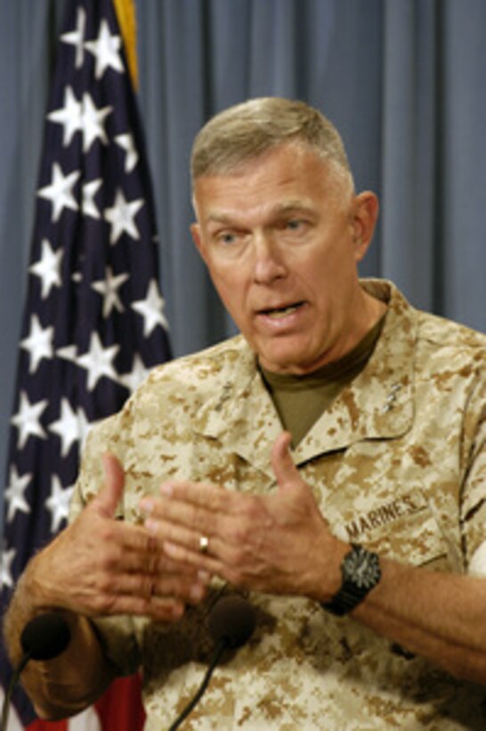 Commanding General First Marine Expeditionary Force Lt. Gen. James T. Conway briefs reporters at the Pentagon on Sept. 9, 2003, on his view of the present situation in Iraq and on the accomplishments of his unit during Operation Iraqi Freedom. 