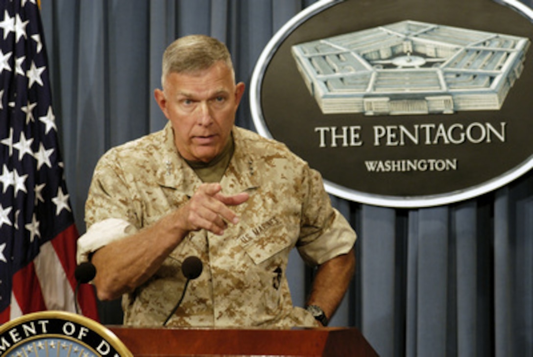 Lt. Gen. James T. Conway, commanding general, First Marine Expeditionary Force, takes questions from the Pentagon press corps during a Sept. 9, 2003, briefing. Conway told reporters that his unit, operating in a predominantly Shiite region in the southern part of the country, had been very well received by the general populace and has suffered no causalities from direct attacks. 