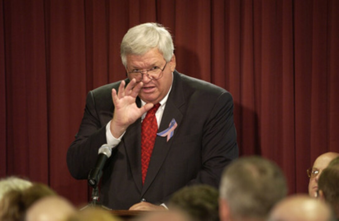 Speaker of the House J. Dennis Hastert gives his remarks to the attendees at the dedication ceremony of new stained glass windows in the Pentagon Chapel on Sept. 11, 2003. The new windows are dedicated to the memory of those who died in the Pentagon on Sept. 11, 2001. 