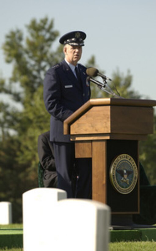 Chairman of the Joints Chiefs of Staff Gen. Richard B. Myers speaks to the guests at the Patriot's Day observance on Sept. 11, 2003, at Arlington National Cemetery. 