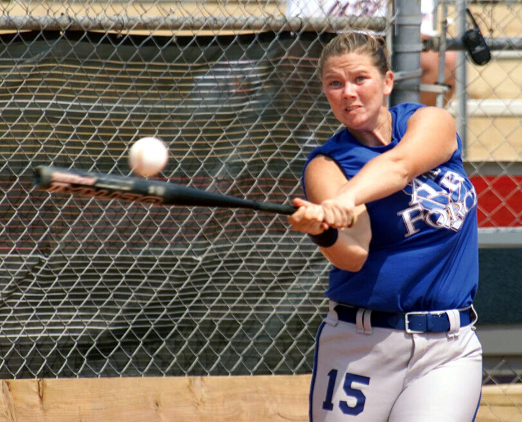 EGLIN AIR FORCE BASE, Fla. -- Air Force Senior Airman Jamie Thompson from Dover Air Force Base, Del., nails the ball during a game against the Army in their third and final match up.  Thompson was named to the 2003 All-Tournament Team, as well as the Armed Forces Team.  (U.S. Air Force photo by Craig McDonnell)