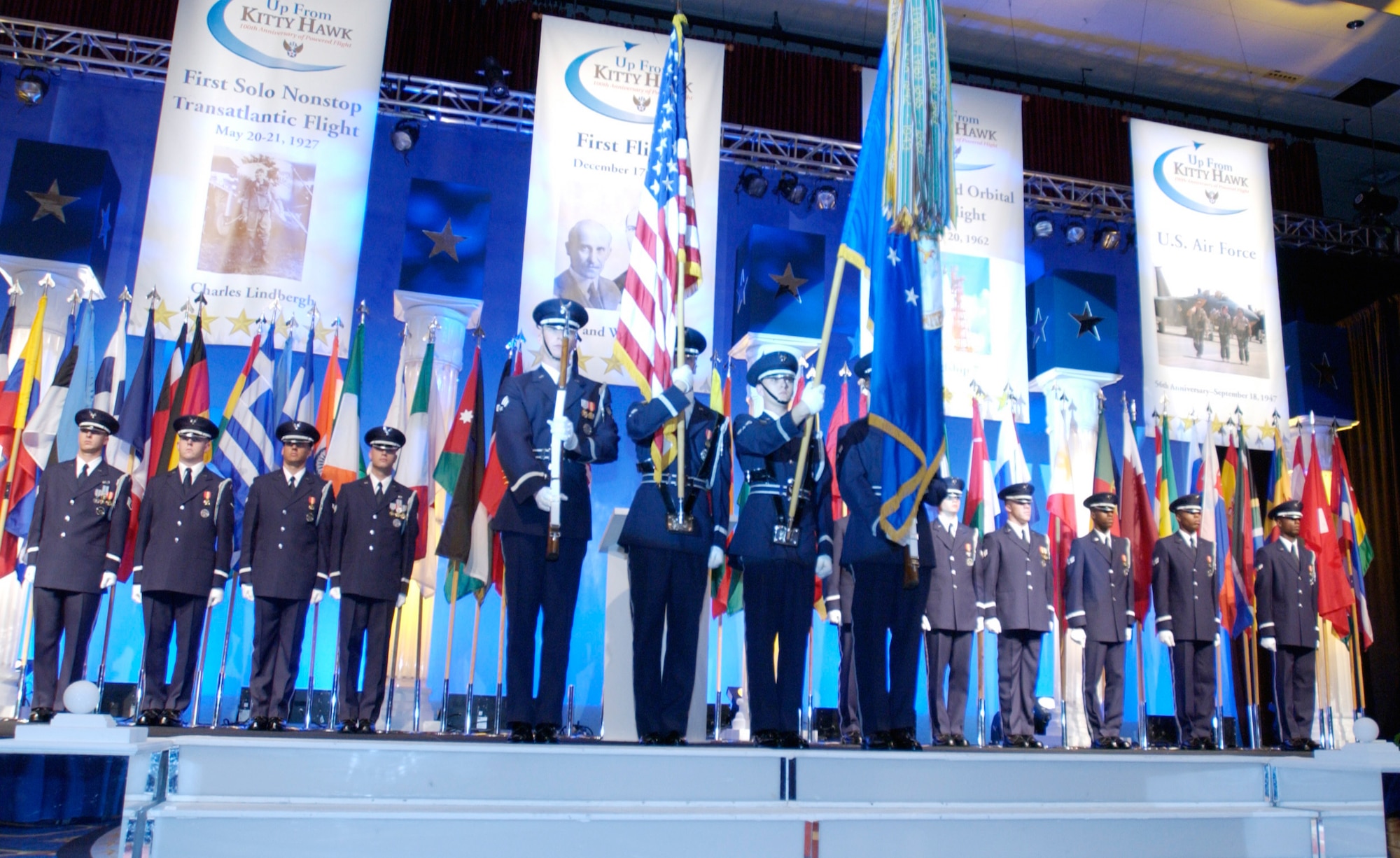 WASHINGTON -- U.S. Air Force Honor Guard members post the colors during the opening ceremony of the Air Force Association's annual convention in Washington, D.C., on Sept. 15.  In the audience were more than 90 international air chiefs attending the Global Air Chief's Conference which is running in conjunction with the convention.  (U.S. Air Force photo by Master Sgt. Jim Varhegyi)