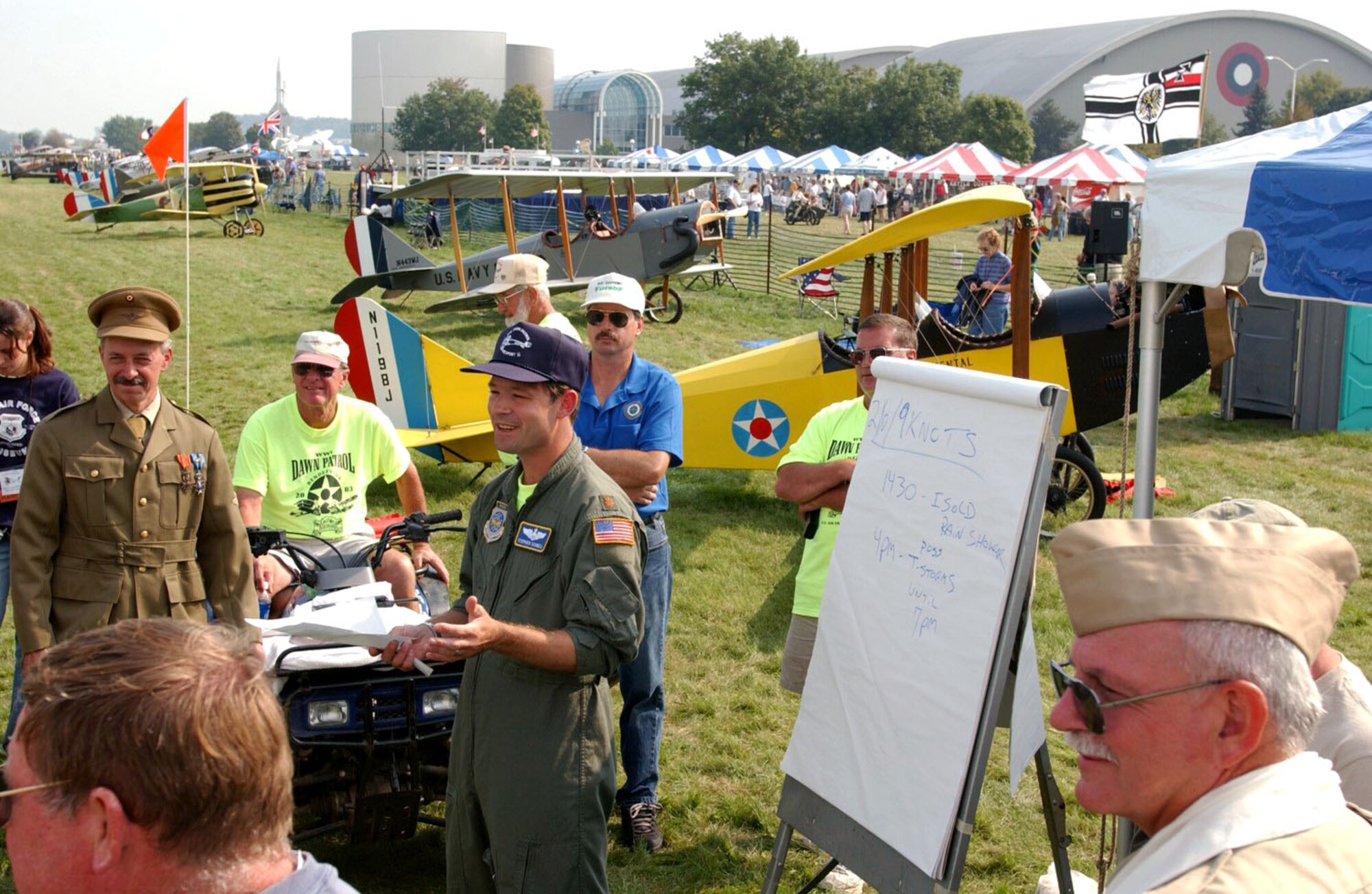 WRIGHT-PATTERSON AFB, Ohio -- Maj. Steve Schnell gives the morning safety briefing to pilots and other staff at the fourth Dawn Patrol Rendezvous World War I Fly-In.  The event was held at the U.S. Air Force Museum here Sept. 12 to 14.  More than 53,000 people visited the museum and the event.  Schnell served as the flight operations and safety officer.  (U.S. Air Force photo by Jeff Fisher)
